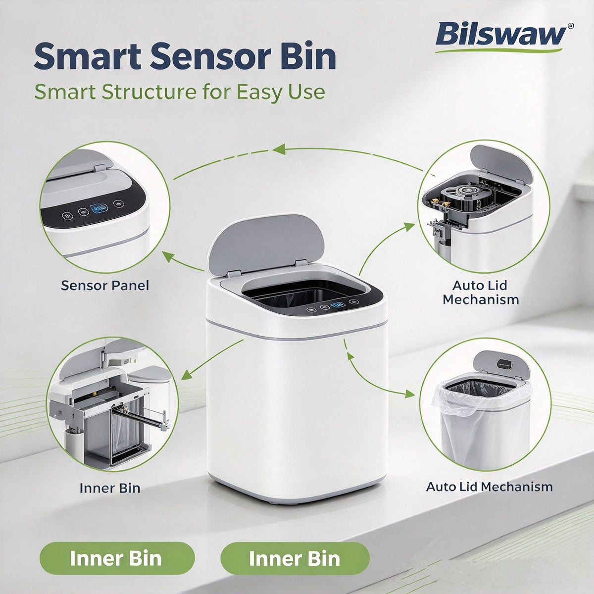 🗑️Bilswaw Smart Sensor Trash Bin, Touch‑Free Automatic Opening Garbage Can, Hands‑Free Waste Bin for Kitchen Countertop Bedroom Office
