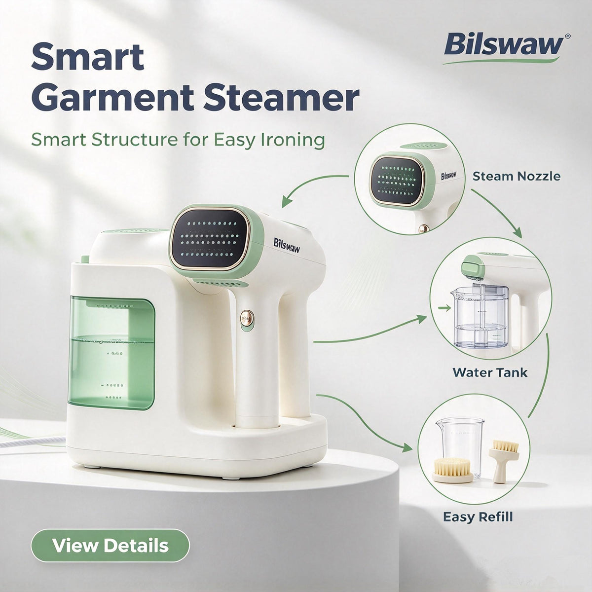 👔Bilswaw Smart Garment Steamer, Hand‑Held Portable Clothing Steamer, Fast Steam Wrinkle Remover with Easy‑Refill Water Tank for Home & Travel