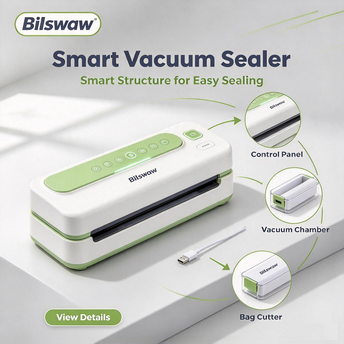 🥩Bilswaw Smart Vacuum Sealer Machine, One‑Touch Automatic Food Sealer, Vacuum Sealing System for Food Preservation, Easy‑Clean Design for Home Kitchen