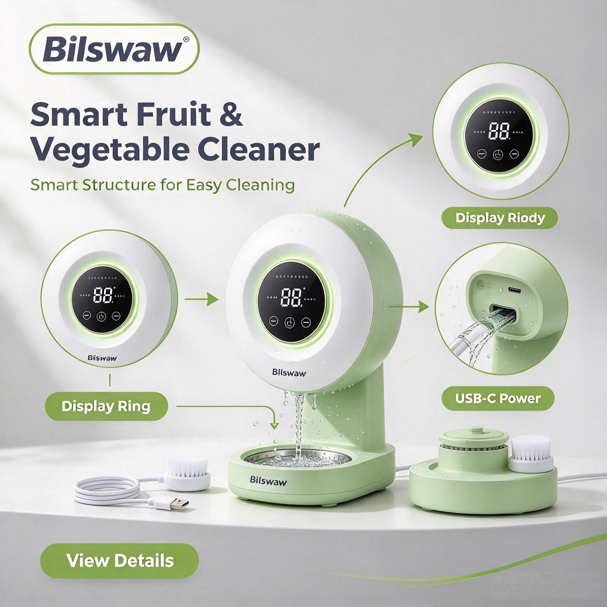 🥬Bilswaw Smart Fruit & Vegetable Cleaner, USB‑C Powered Produce Purifier, Deep Cleaning Food Cleaner Machine with Waterproof Design for Fruits, Veggies, Meat