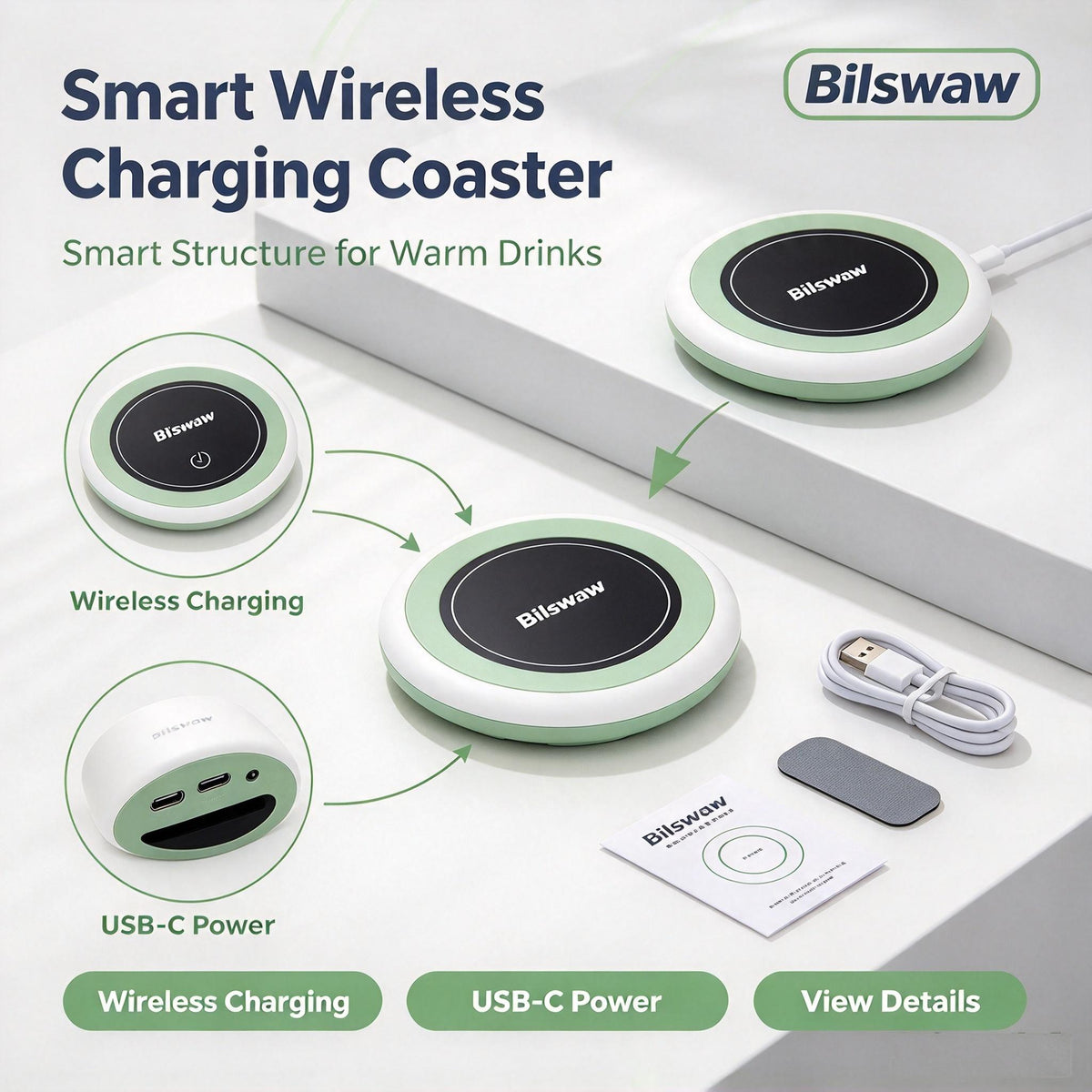 ☕Bilswaw Smart Wireless Charging Coaster, 2‑in‑1 Mug Warmer & Phone Wireless Charger, Temperature Control Heating Coaster with Non‑Slip Pad for Office Desk