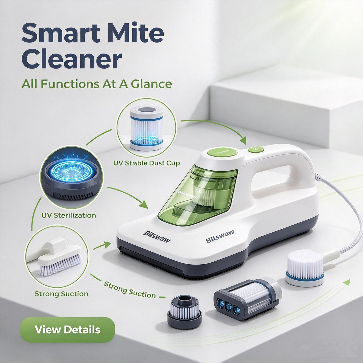 🛏️Bilswaw Smart Mite Cleaner, Handheld Bed Vacuum Cleaner with UV Sterilization, Strong Suction Mattress Vacuum, Washable Dust Cup for Bedding Pillow Sofa