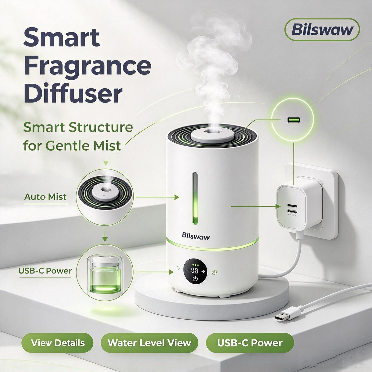 🌿Bilswaw Smart Fragrance Diffuser, USB‑C Powered Aroma Diffuser, Auto Mist Scent Machine with Adjustable Mist Modes for Home Bedroom Office