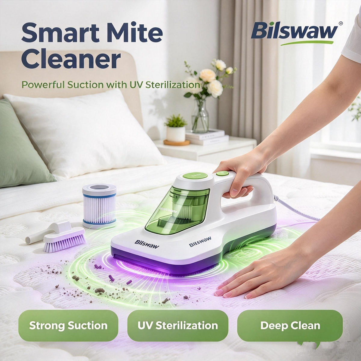 🛏️Bilswaw Smart Mite Cleaner, Handheld Bed Vacuum Cleaner with UV Sterilization, Strong Suction Mattress Vacuum, Washable Dust Cup for Bedding Pillow Sofa