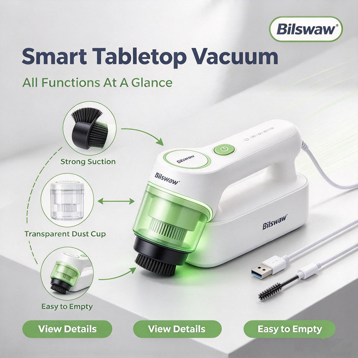 🧹Bilswaw Smart Tabletop Vacuum, Mini Portable Handheld Desk Vacuum Cleaner, Strong Suction Small Vacuum, Easy‑to‑Empty for Keyboard, Desktop & Office