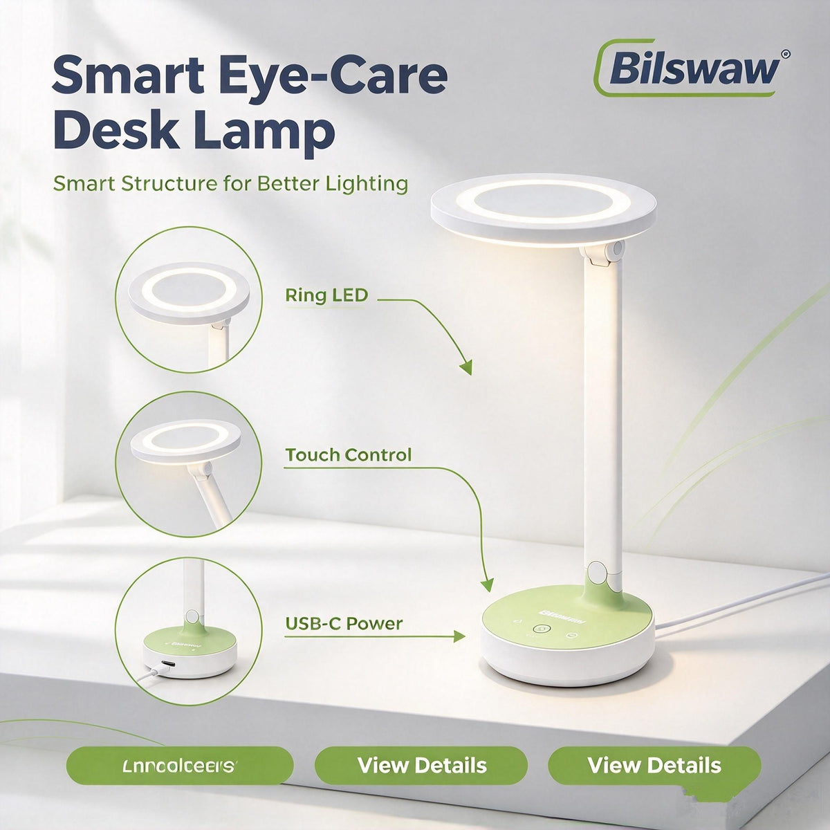 💡Bilswaw Smart Eye‑Care Desk Lamp, USB‑C Powered Table Lamp, Touch Dimmable Office Reading Lamp with Steady Brightness for Study, Work & Bedroom