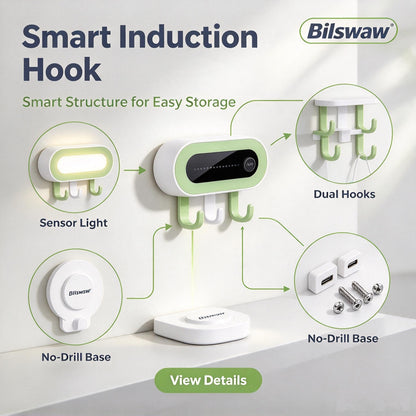 🔑Bilswaw Smart Induction Hook, No‑Drill Wall Mount Hanger with Motion Sensor LED Light, Multi‑Hook Organizer for Keys, Masks & Household Small Items