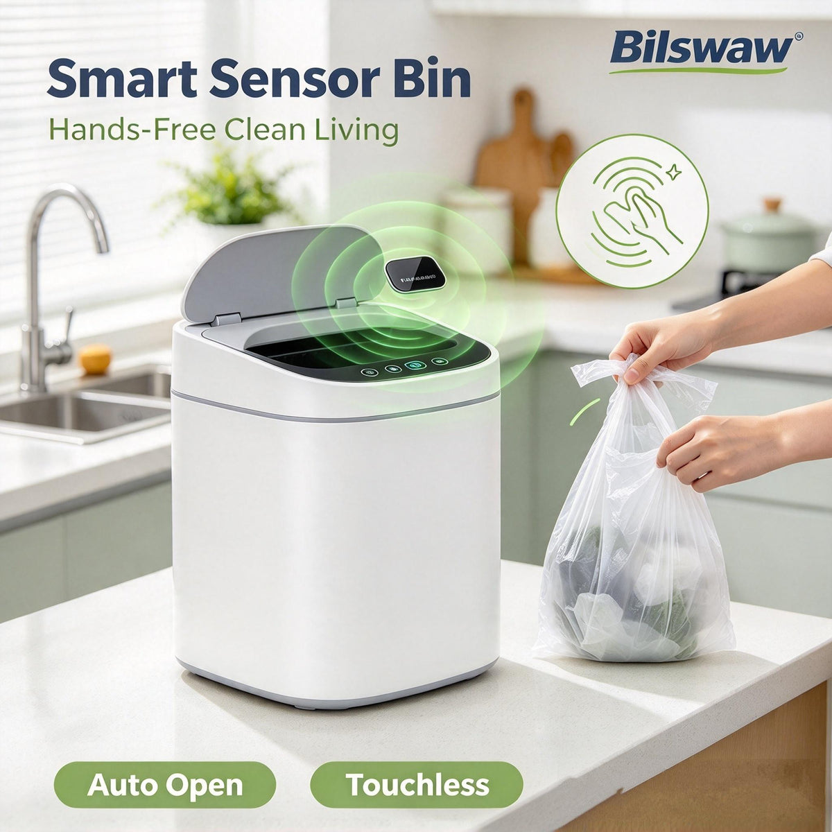 🗑️Bilswaw Smart Sensor Trash Bin, Touch‑Free Automatic Opening Garbage Can, Hands‑Free Waste Bin for Kitchen Countertop Bedroom Office