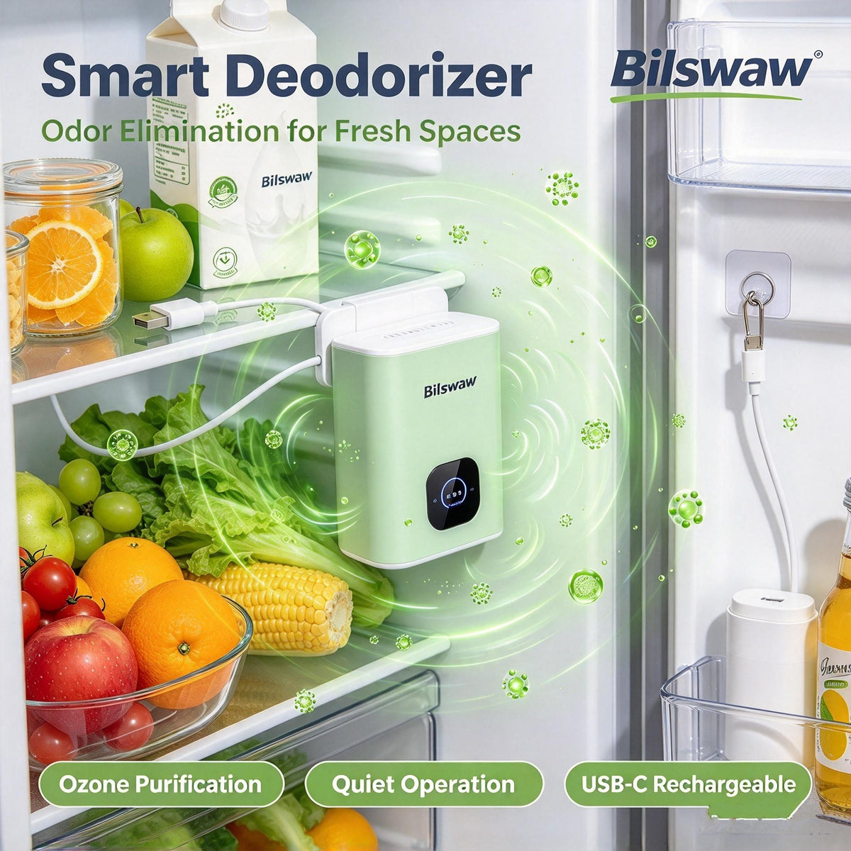 🧊Bilswaw Smart Deodorizer, USB‑C Rechargeable Fridge Odor Eliminator, Quiet Operation Air Purifier for Refrigerator, Closet, Shoe Cabinet & Small Spaces