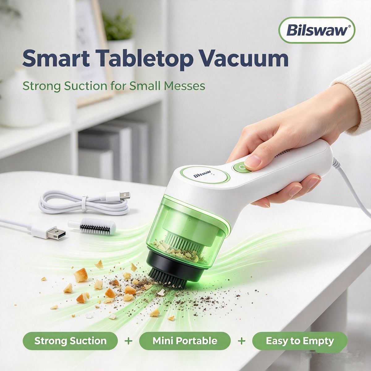 🧹Bilswaw Smart Tabletop Vacuum, Mini Portable Handheld Desk Vacuum Cleaner, Strong Suction Small Vacuum, Easy‑to‑Empty for Keyboard, Desktop & Office