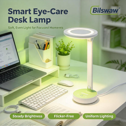 💡Bilswaw Smart Eye‑Care Desk Lamp, USB‑C Powered Table Lamp, Touch Dimmable Office Reading Lamp with Steady Brightness for Study, Work & Bedroom