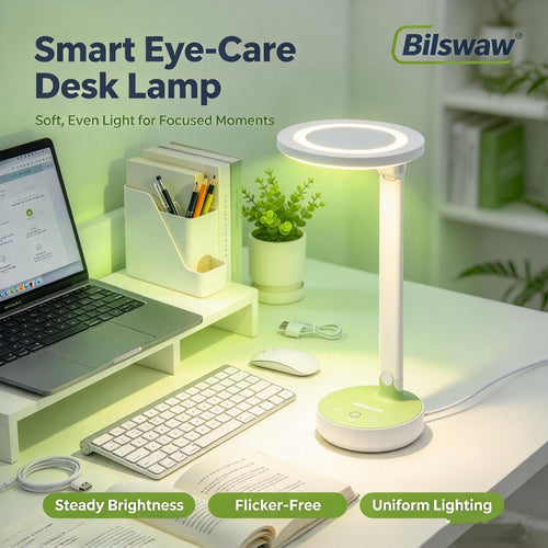 💡Bilswaw Smart Eye‑Care Desk Lamp, USB‑C Powered Table Lamp, Touch Dimmable Office Reading Lamp with Steady Brightness for Study, Work & Bedroom