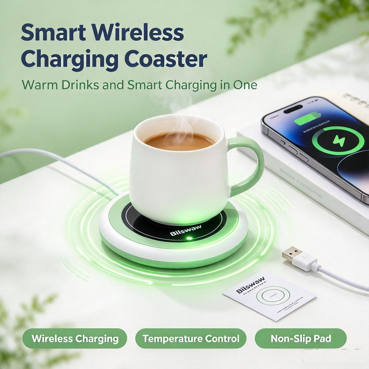 ☕Bilswaw Smart Wireless Charging Coaster, 2‑in‑1 Mug Warmer & Phone Wireless Charger, Temperature Control Heating Coaster with Non‑Slip Pad for Office Desk