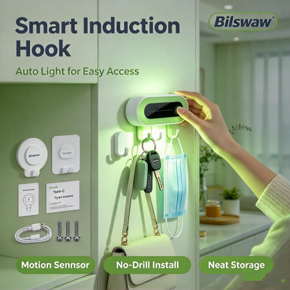 🔑Bilswaw Smart Induction Hook, No‑Drill Wall Mount Hanger with Motion Sensor LED Light, Multi‑Hook Organizer for Keys, Masks & Household Small Items