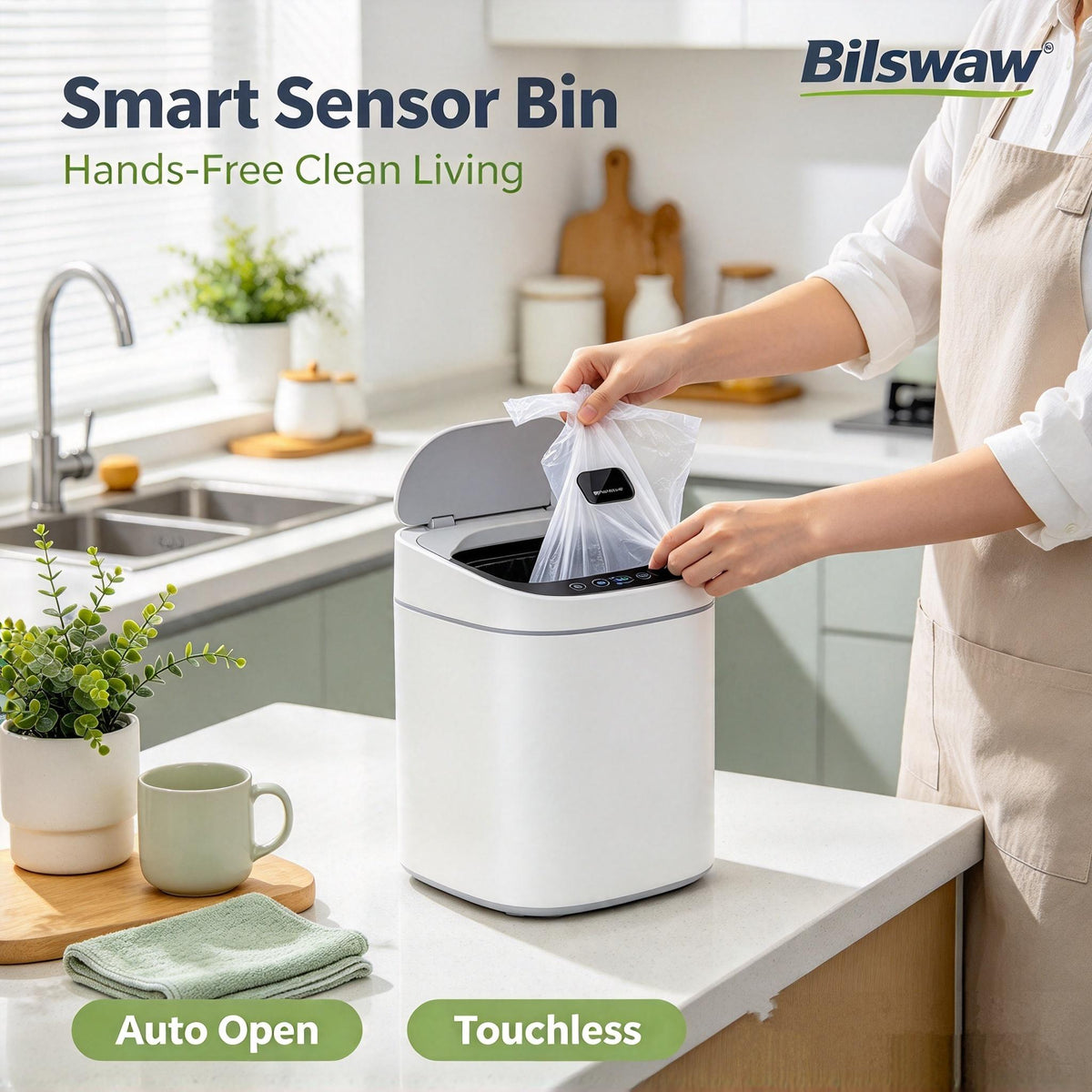 🗑️Bilswaw Smart Sensor Trash Bin, Touch‑Free Automatic Opening Garbage Can, Hands‑Free Waste Bin for Kitchen Countertop Bedroom Office