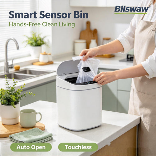 🗑️Bilswaw Smart Sensor Trash Bin, Touch‑Free Automatic Opening Garbage Can, Hands‑Free Waste Bin for Kitchen Countertop Bedroom Office