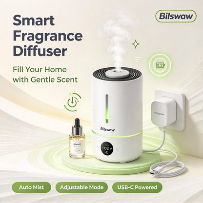 🌿Bilswaw Smart Fragrance Diffuser, USB‑C Powered Aroma Diffuser, Auto Mist Scent Machine with Adjustable Mist Modes for Home Bedroom Office