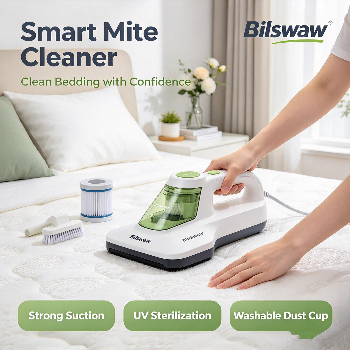 🛏️Bilswaw Smart Mite Cleaner, Handheld Bed Vacuum Cleaner with UV Sterilization, Strong Suction Mattress Vacuum, Washable Dust Cup for Bedding Pillow Sofa