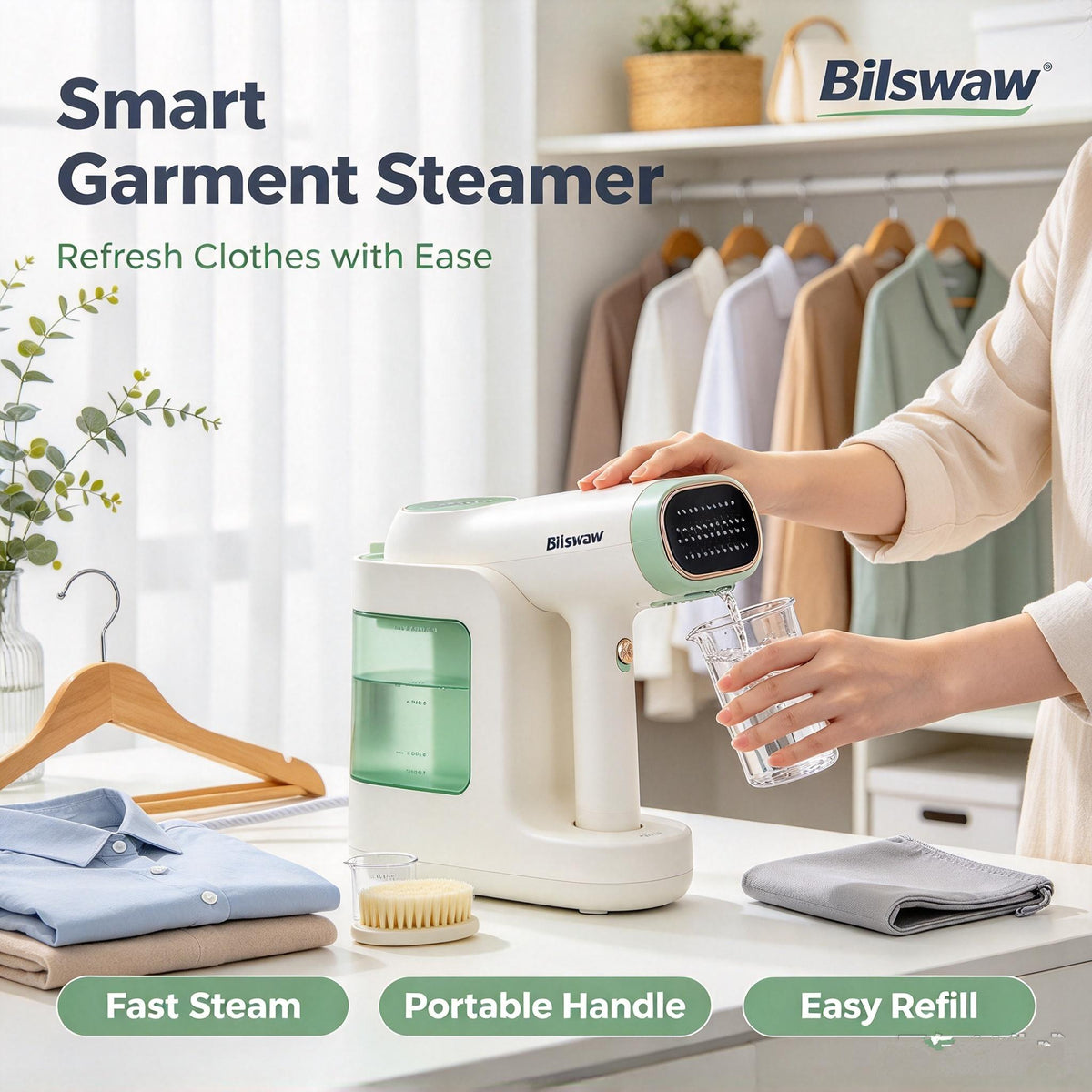 👔Bilswaw Smart Garment Steamer, Hand‑Held Portable Clothing Steamer, Fast Steam Wrinkle Remover with Easy‑Refill Water Tank for Home & Travel