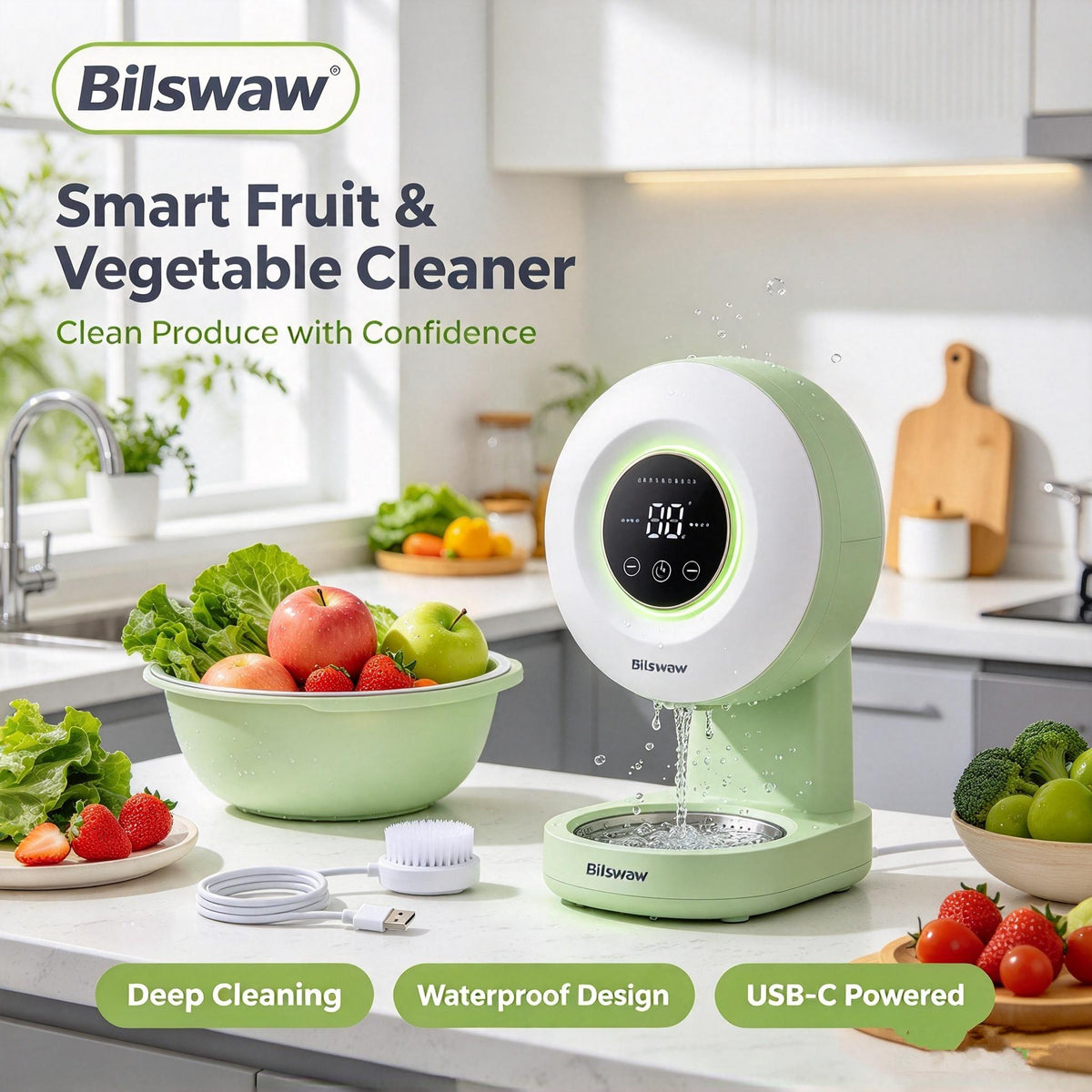 🥬Bilswaw Smart Fruit & Vegetable Cleaner, USB‑C Powered Produce Purifier, Deep Cleaning Food Cleaner Machine with Waterproof Design for Fruits, Veggies, Meat