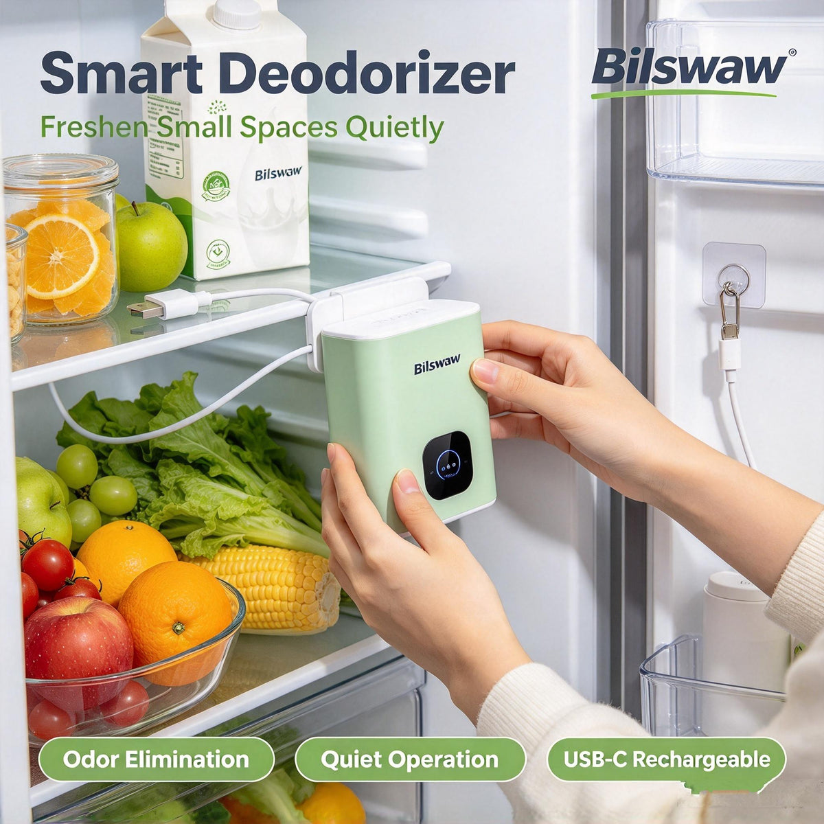🧊Bilswaw Smart Deodorizer, USB‑C Rechargeable Fridge Odor Eliminator, Quiet Operation Air Purifier for Refrigerator, Closet, Shoe Cabinet & Small Spaces