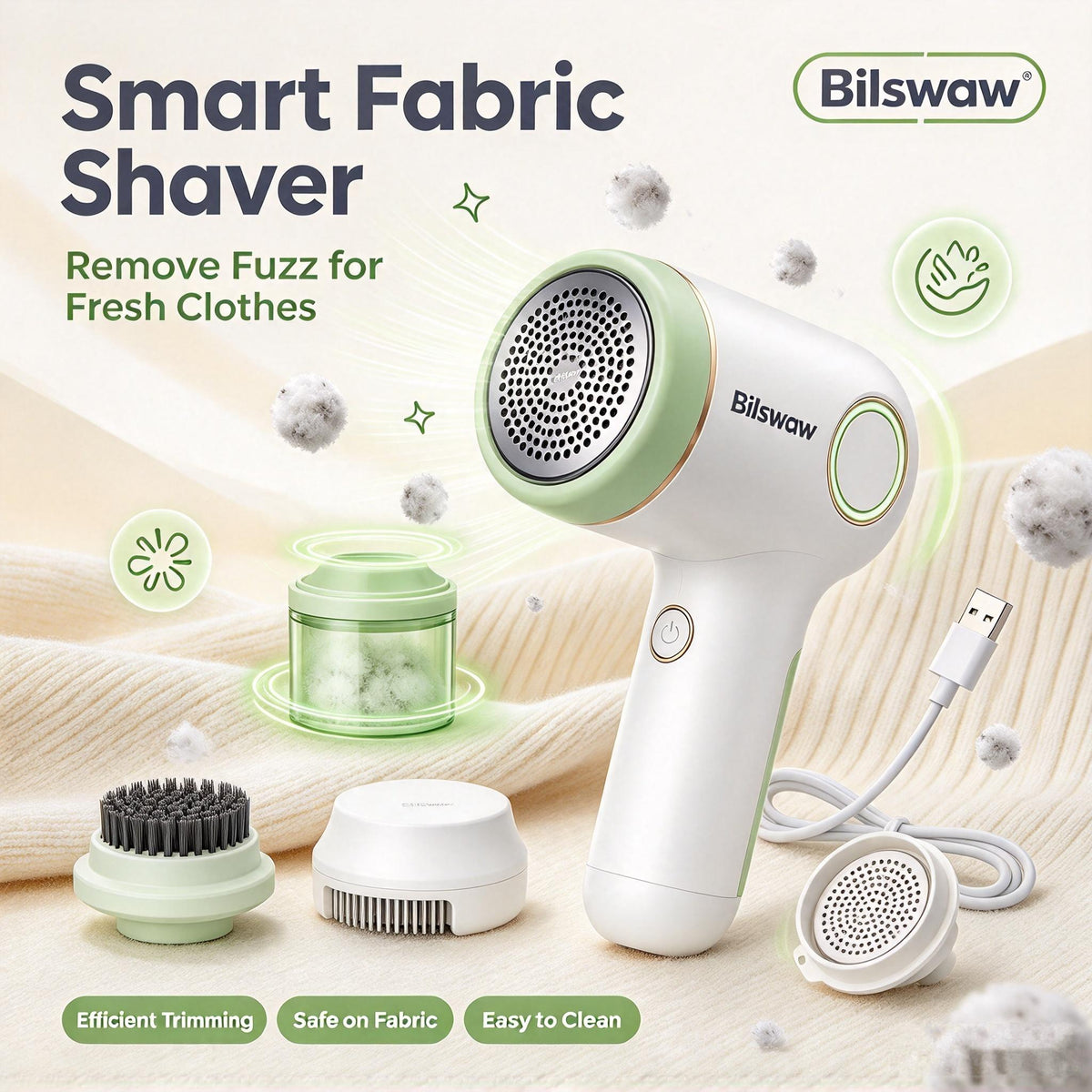 🧶Bilswaw Smart Fabric Shaver, Rechargeable Lint Remover, Efficient Fuzz & Pill Trimmer, Safe Fabric Defuzzer for Sweaters, Blankets, Couch & Clothes
