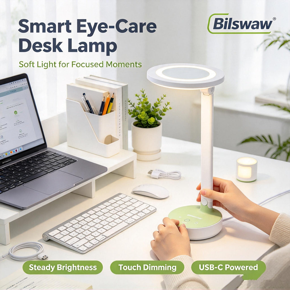 💡Bilswaw Smart Eye‑Care Desk Lamp, USB‑C Powered Table Lamp, Touch Dimmable Office Reading Lamp with Steady Brightness for Study, Work & Bedroom
