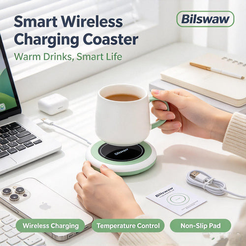 ☕Bilswaw Smart Wireless Charging Coaster, 2‑in‑1 Mug Warmer & Phone Wireless Charger, Temperature Control Heating Coaster with Non‑Slip Pad for Office Desk