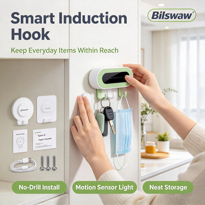 🔑Bilswaw Smart Induction Hook, No‑Drill Wall Mount Hanger with Motion Sensor LED Light, Multi‑Hook Organizer for Keys, Masks & Household Small Items